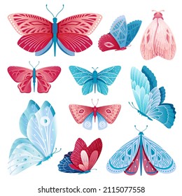 Isolated butterflies set. Floral butterfly, vintage spring flying insect. Blue pink moth, cartoon wild animals. Forest fauna, decorative swanky vector set