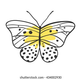 Isolated butterfly. Hand drawn vector illustration. Decorative elements for design. Black contour drawing. Creative ink art work