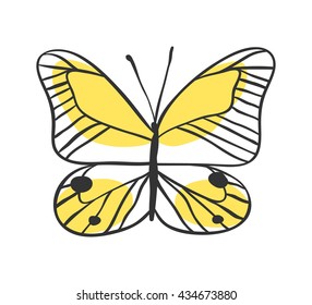 Isolated butterfly. Hand drawn vector illustration. Decorative elements for design. Black contour drawing. Creative ink art work
