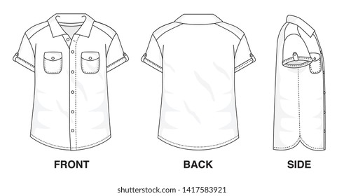 Isolated Button up Blouse object of clothes and fashion stylish wear fill in blank shirt. Regular 2 Pockets Polo Neck Short Sleeves Illustration Vector Template. Front, back and side view