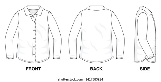 Isolated Button up Blouse object of clothes and fashion stylish wear fill in blank shirt. Regular Polo Neck Long Sleeves Illustration Vector Template. Front, back and side view