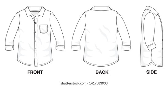Isolated Button up Blouse object of clothes and fashion stylish wear fill in blank shirt. Regular 1 Pocket Polo Neck Long Sleeves Illustration Vector Template. Front, back and side view