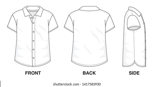 Isolated Button up Blouse Polo object of clothes and fashion stylish wear fill in blank shirt. Regular Polo Neck Short Sleeves Illustration Vector Template. Front, back and side view