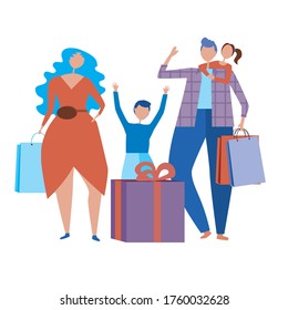 Isolated buyers with children. Christmas flat vector stock illustration. Family shopping concept with kids, Christmas gifts, happy shoppers. Schlpping illustration with boxes of gifts for children