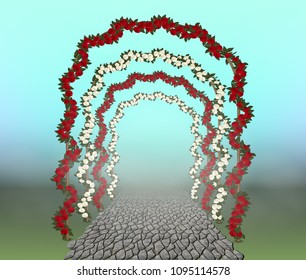 Isolated by layers, vector illustration-Arch floral of roses go into the distance to the horizon line, beautiful garden decor, romantic traditional wedding holiday, outdoor decoration.