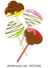 Isolated c
andy on a stick with chocolate and vanilla glazing. Vector illustration.