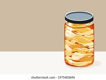 Isolated cabbage Kimchi in a jar with lid on brown background. Korean Kimchi-fermented cabbage  recipe drawing vector illustration. 