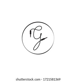 an isolated cable jack audio logo concept. Letter G alphabet logo design template. Handwriting, Audio equipment, sound system, instrument. Black and White