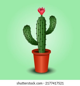 Isolated Cactus With Flower On Pot. Desert Thorny Plant Illustration.