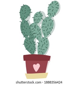 Isolated cactus in flowerpot. Doodle flat style concept of houseplant for web, app, sticker, print, cover, stationery. Decorative indoor plant in a pot with pink heart.  Trendy vector illustration.