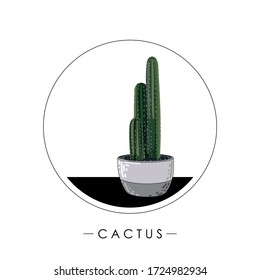 Isolated cactus in a pot. Interior plants. Green cactus. Sticker, banner, print, logo, card. Vector illustration.