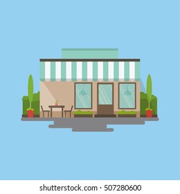 Isolated cafe storefront on blue background. Beautiful facade of building with windows, plants and doors. Idea of shops, cafes, restaurants and more.