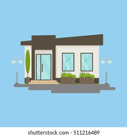 Isolated cafe storefront on blue background. Beautiful facade of building with windows, plants and doors. Idea of shops, cafes, restaurants and more.