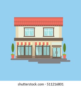 Isolated cafe storefront on blue background. Beautiful facade of building with windows, plants and doors. Idea of shops, cafes, restaurants and more.