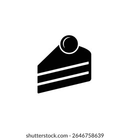 Isolated cake slice icon featuring a cherry on top. Simple food symbol ideal for design projects. The cake is styled as a solid, dark silhouette.