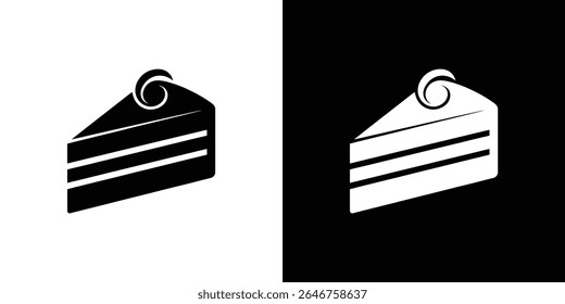 Silhueta de fatia de bolo isolada. Apresenta uma cobertura de creme enrolado em variações em preto e branco sobre fundo transparente, simples e atraente.