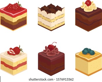 Isolated cakes, set of cakes with cherry, blueberry, raspberry and strawberry. Cheesecake, tiramisu and chocolate cake. Dessert with cream and frosting. Pastries and bakery illustration. Vektor.