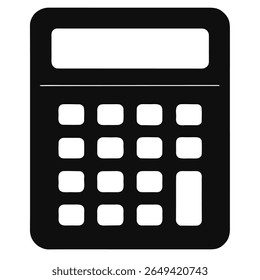 Ícone de calculadora isolada exibe uma interface de funções matemáticas básicas com botões e uma tela digital, definida contra um fundo branco limpo, simples e funcional.
