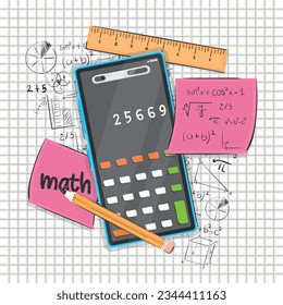 Isolated calculator with ruler and mathematical formulas Math class concept Vector illustration