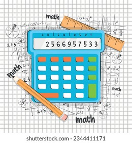 Calculadora aislada con una regla y fórmulas matemáticas Concepto de clase matemática Ilustración vectorial