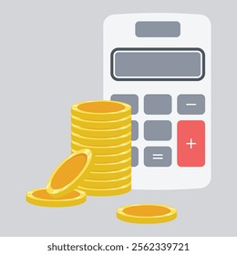 Isolated calculator with stack of coins