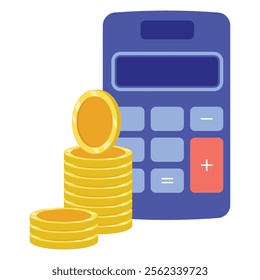 Isolated calculator with stack of coins