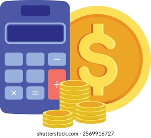 Isolated calculator with stack of gold coins