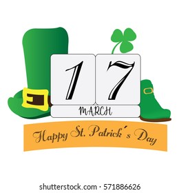 Isolated calendar, a hat, a clover and a single shoe, Patrick day vector illustration