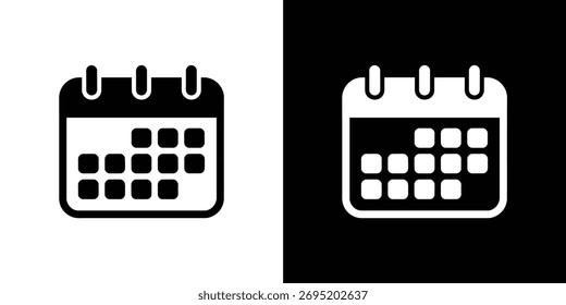Isolated calendar icon featuring black and white colors in a transparent background, displays various dates. Use for print, and website designs.