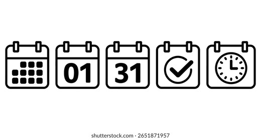 Isolated calendar icons display different dates, checkmark and clock. Minimalist design with clean lines on transparent background. - Powered by Shutterstock - Get 15% off with code: PIKWIZARD15