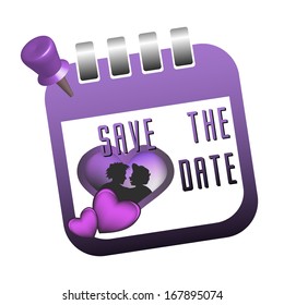 Isolated calendar sheet with a couple inside a heart shape, and the text save the date written with purple letters