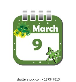 Isolated calendar sheet for the day of March the ninth