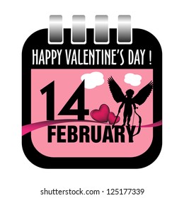 Isolated calendar sheet for Valentines Day with cupid and hearts. Valentines Day concept