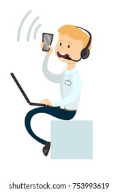 Isolated call agent with headset and laptop on white.