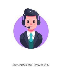 Isolated Call Center Employee Illustrated in Flat Design Within Circular Frame on White Background