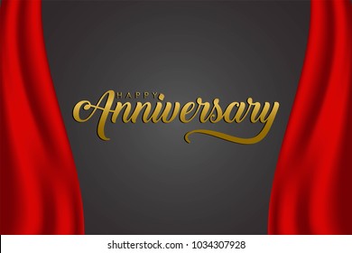 isolated calligraphy of happy anniversary with gold color and red ribbon