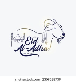 Isolated calligraphy of happy eid al adha mubarak with black color. Eid Al Adha mubarak with cute sheep animal, The holiday occurs after the culmination of the annual Hajj. Feast of the Sacrifice. 