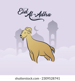 Isolated calligraphy of happy eid al adha mubarak with black color. Eid Al Adha mubarak with cute sheep animal, The holiday occurs after the culmination of the annual Hajj. Feast of the Sacrifice. 