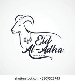 Isolated calligraphy of happy eid al adha mubarak with black color. Eid Al Adha mubarak with cute sheep animal, The holiday occurs after the culmination of the annual Hajj. Feast of the Sacrifice. 