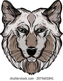 Isolated calm white wolf face with green eyes and wise look on white background. High detailed wolf head with black outline. Tattoo style colorful vector illustration of the wolf head. 