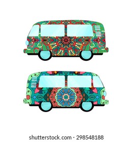 Isolated Camper Vans on White Background in Hippie Style. Vector Illustration.