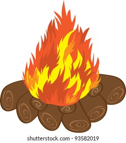Isolated campfire burning above a pile of logs