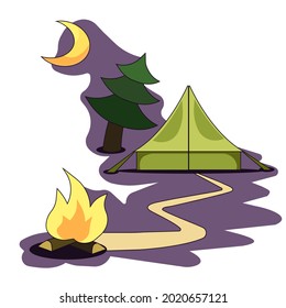 Isolated Camping in the evening, bonfire, tent, fir and moon in Cartoon design style, cute vector camp on white isolated background for prints, stickers, booklets, icons for social media, websites.