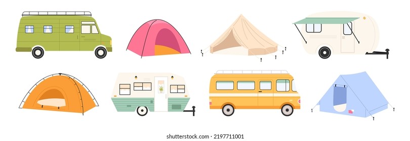 Isolated camping travel transport, tourist home on wheels. Modern tent camper and trailer, camp cartoon vehicle for recreation on nature racy vector set