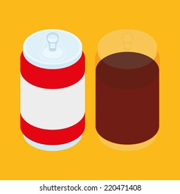 an isolated can and glass with cola on a yellow background