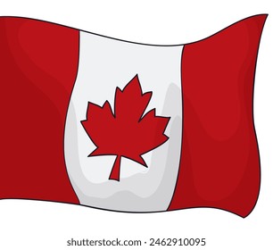 Isolated Canadian flag coming out from left on white background.
