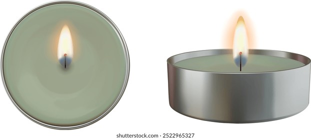 isolated candle with flame side and top view. round candle realistic illustration