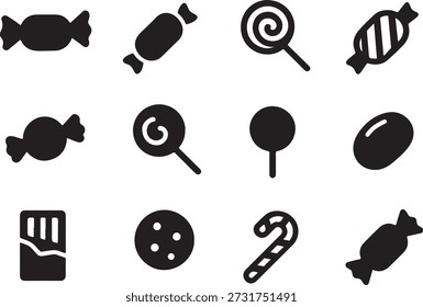 Einzeln Bonbons-Icon-Set, Süßigkeiten-Icon-Raster, süß, Schokolade, Zucker, Dessert, behandeln, minimale flache Vektor, einfache Formen, Umriss, schwarze Icons, professionelle UI, hohe Auflösung, Design, einzeln