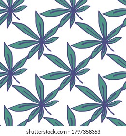 Isolated cannabis leaves seamless pattern. Blue drug botanic ornament on white background. Designed for wallpaper, textile, wrapping paper, fabric print. Vector illustration