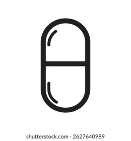 An isolated capsule pill icon in a simple black line style with a transparent background. Depicts a minimalist vector of medication or supplement.
